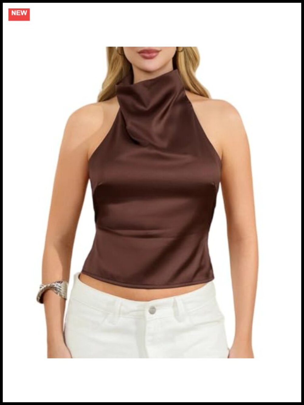 Mock Neck Satin Tank Top Backless Halter Sleeveless Dressy Casual